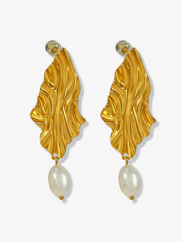 Kayle Gold Leaf Drop Earrings with Freshwater Pearl