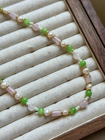 Leia Pink Quartz & Green Chalcedony Necklace