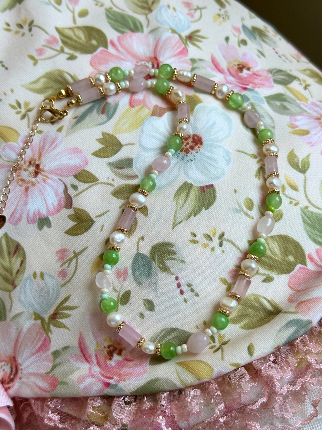 Leia Pink Quartz & Green Chalcedony Necklace