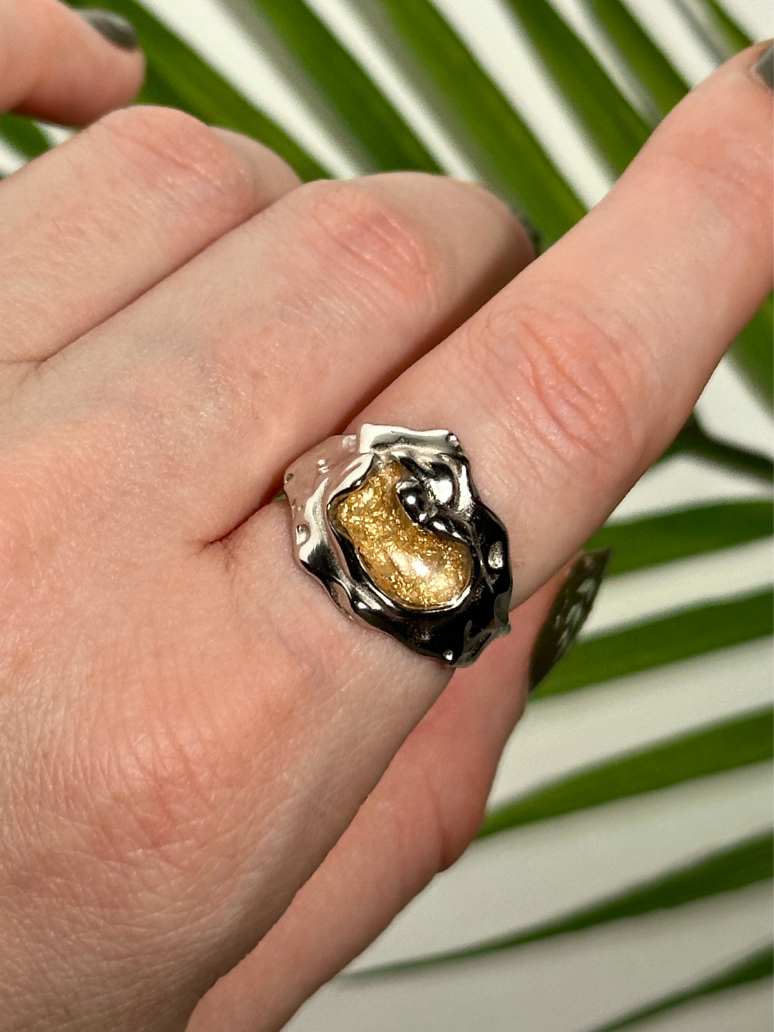 Rain Amber Adjustable Silver Ring