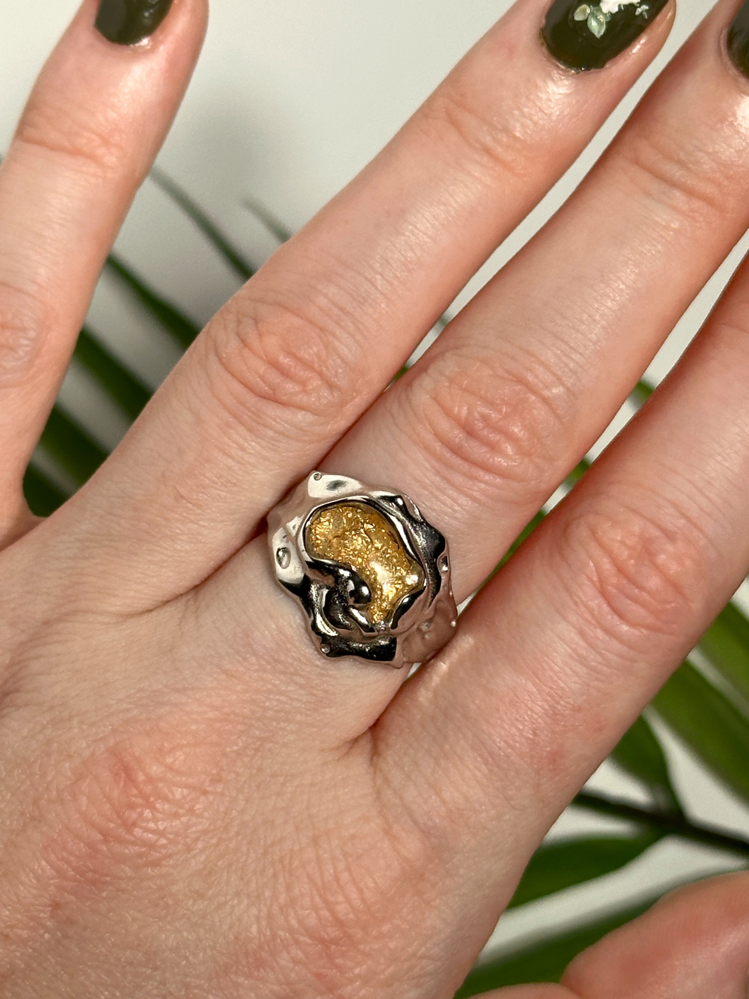 Rain Amber Adjustable Silver Ring