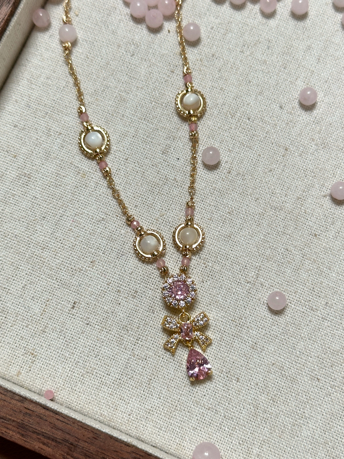 April Zircon Pendant Pink Quartz Chain Necklace