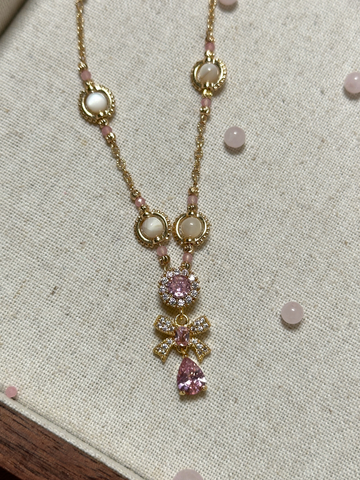 April Zircon Pendant Pink Quartz Chain Necklace