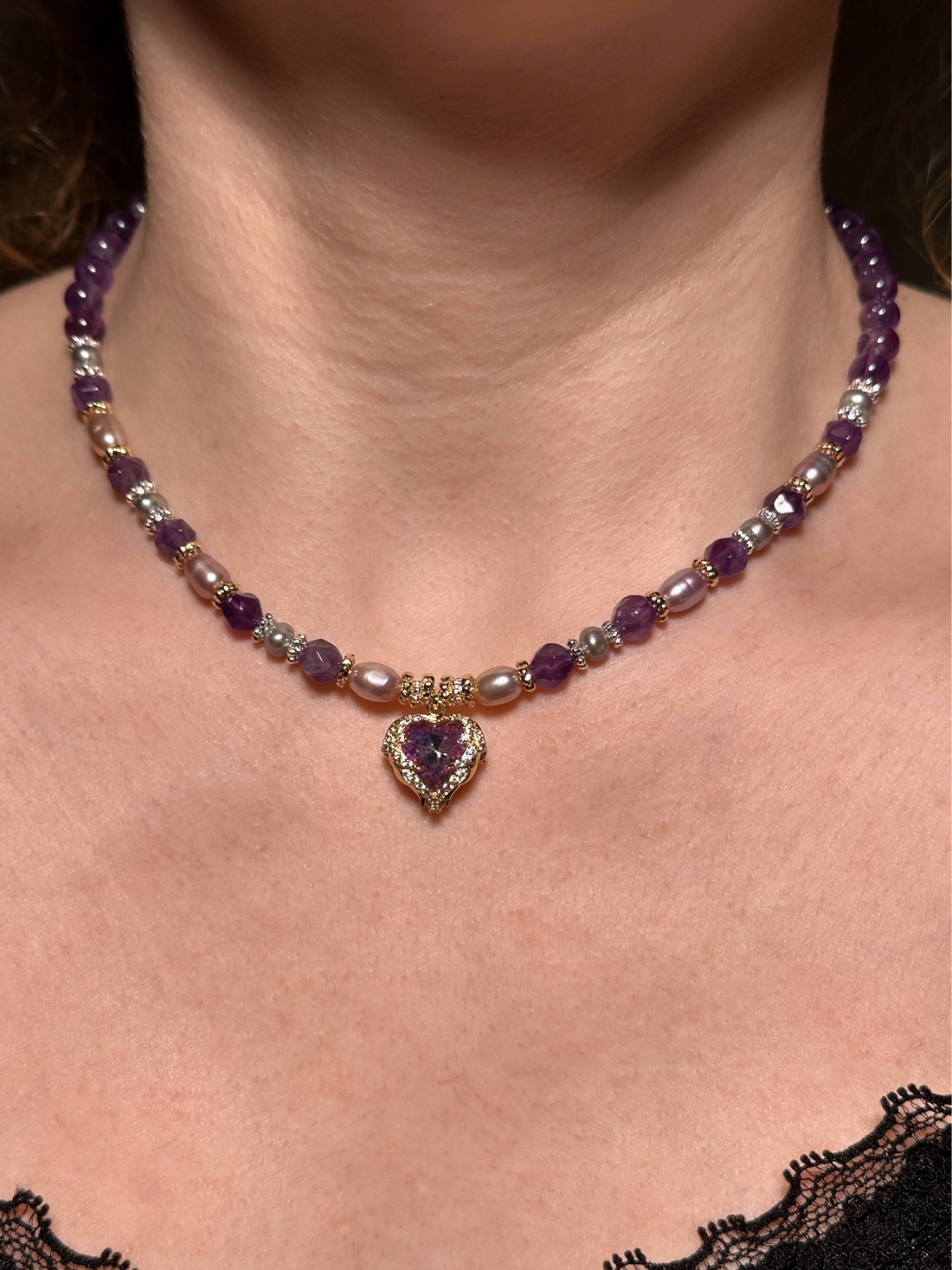 Annora Heart Amethyst Pearl Necklace