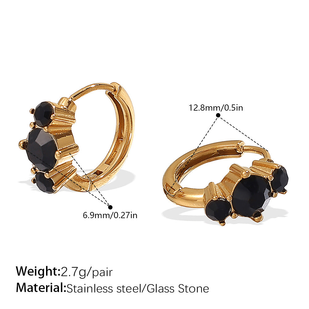 Britain Delicate Zircon Hoops - Black Stone Gold Hoop [QB074COH]
