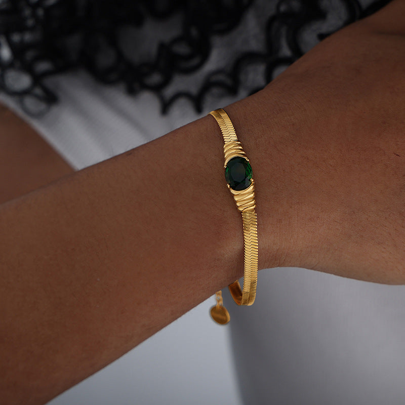 Esme Delicate Geometric Jewelry Set - Gold Green Glass Stone Bracelet (17+3cm) [25CDM41H]