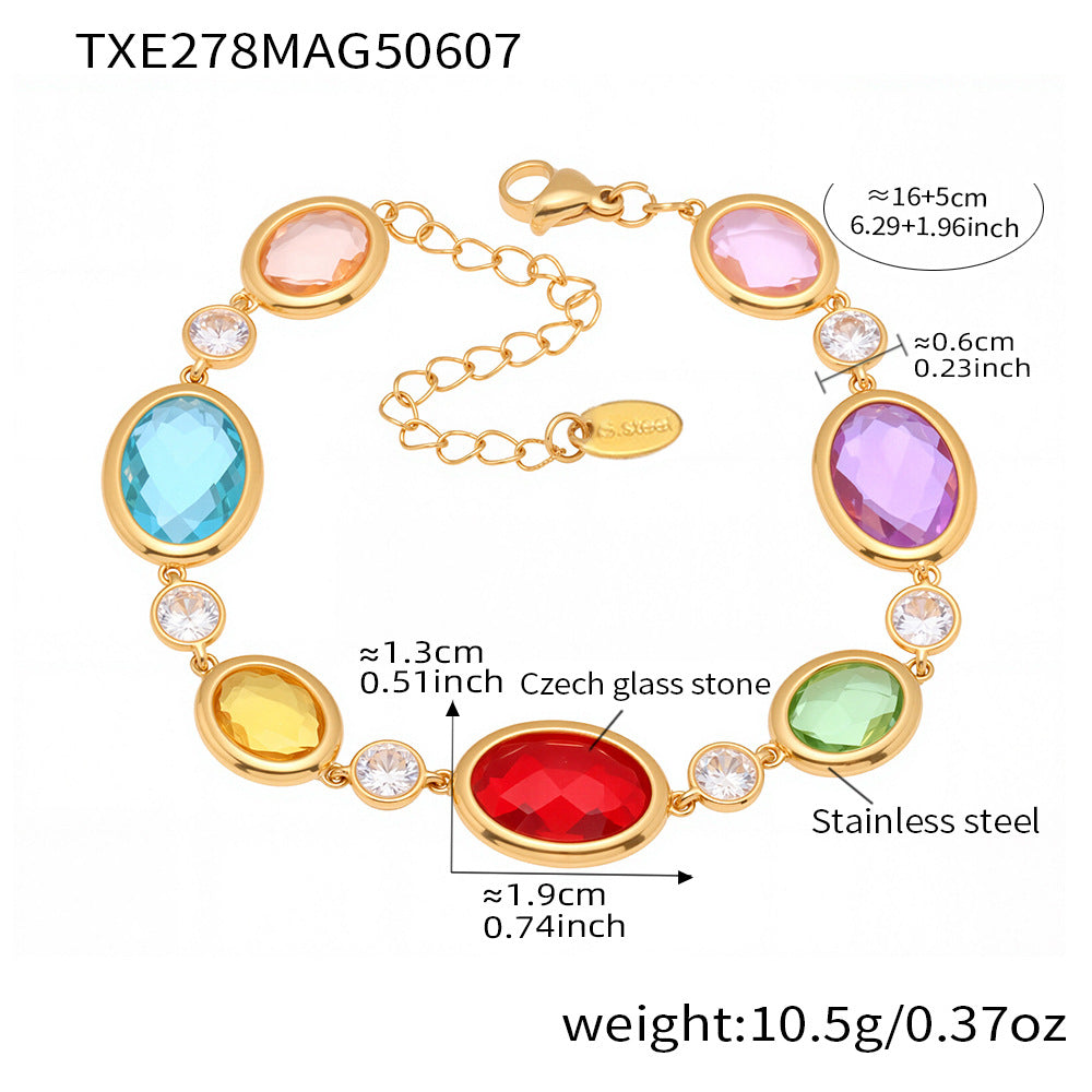 Aries Oval Cut Gemstone Bracelet - Gold Multi-color Glass Stone Bracelet 16+5cm [08DGF0GE]