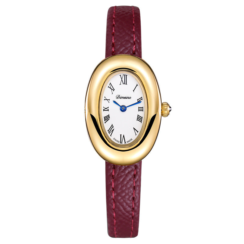 Oval Case Vintage Watch - Litchi Pattern Red [9BZIJV29]