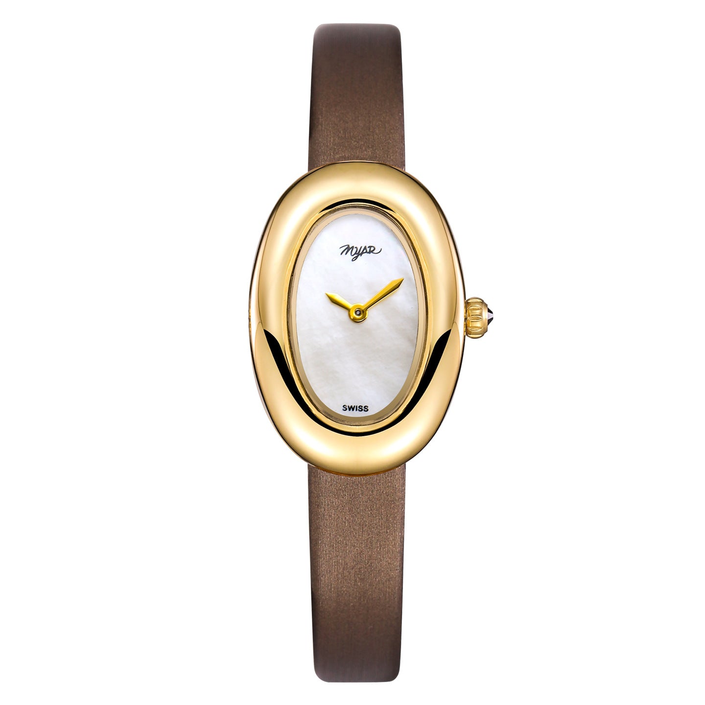 Oval Dial Leather Strap Watch - Brown Silk Strap White MOP Dial [2ACBIW3K]