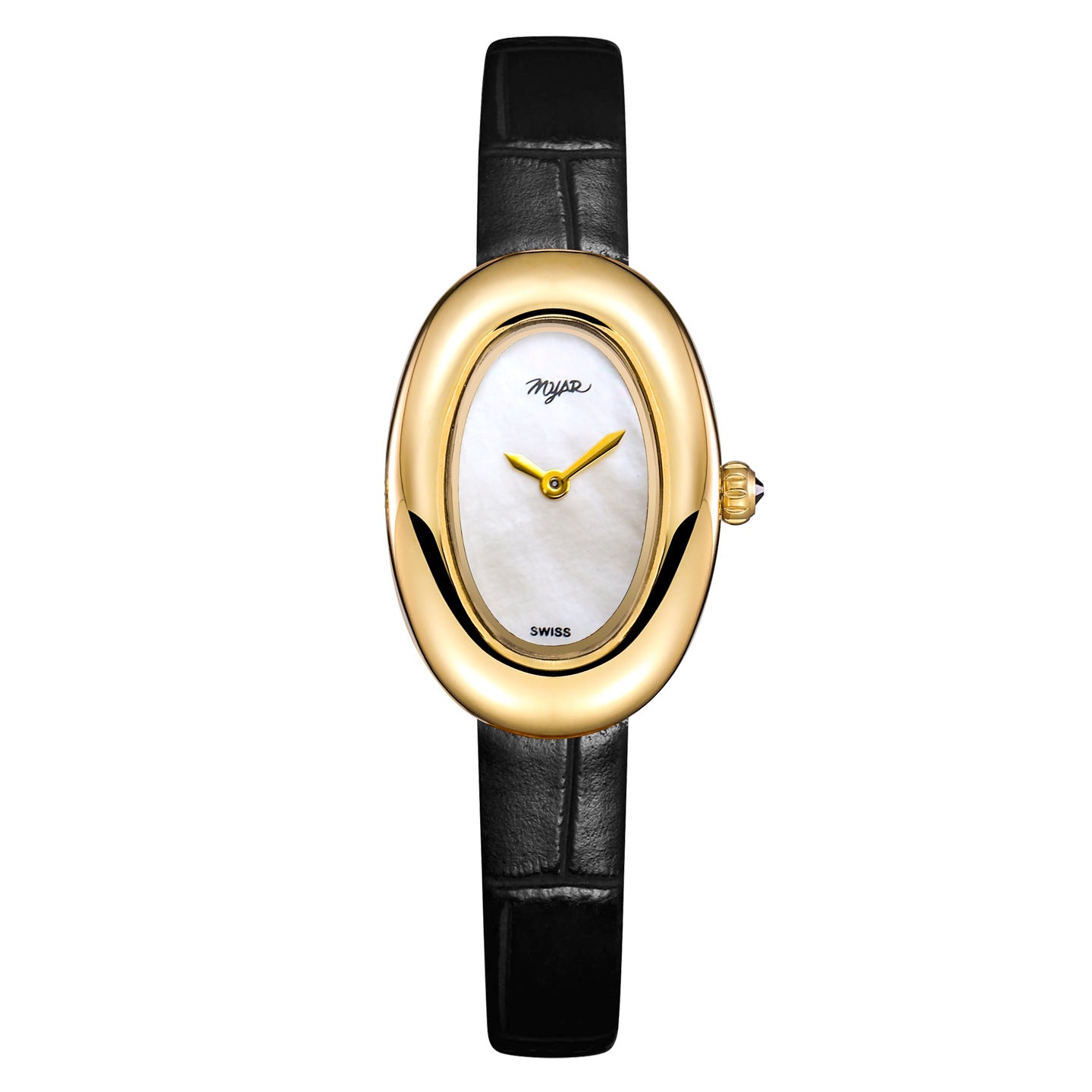 Oval Dial Leather Strap Watch - Black Strap White MOP Dial [YG6X1LA8]