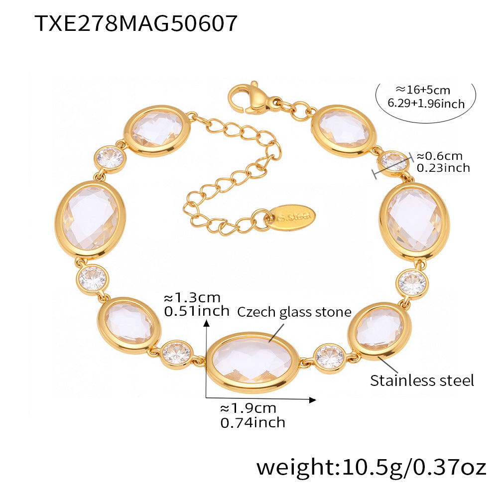 Aries Oval Cut Gemstone Bracelet - Gold White Glass Stone Bracelet 16+5cm [GXY5XPP3]