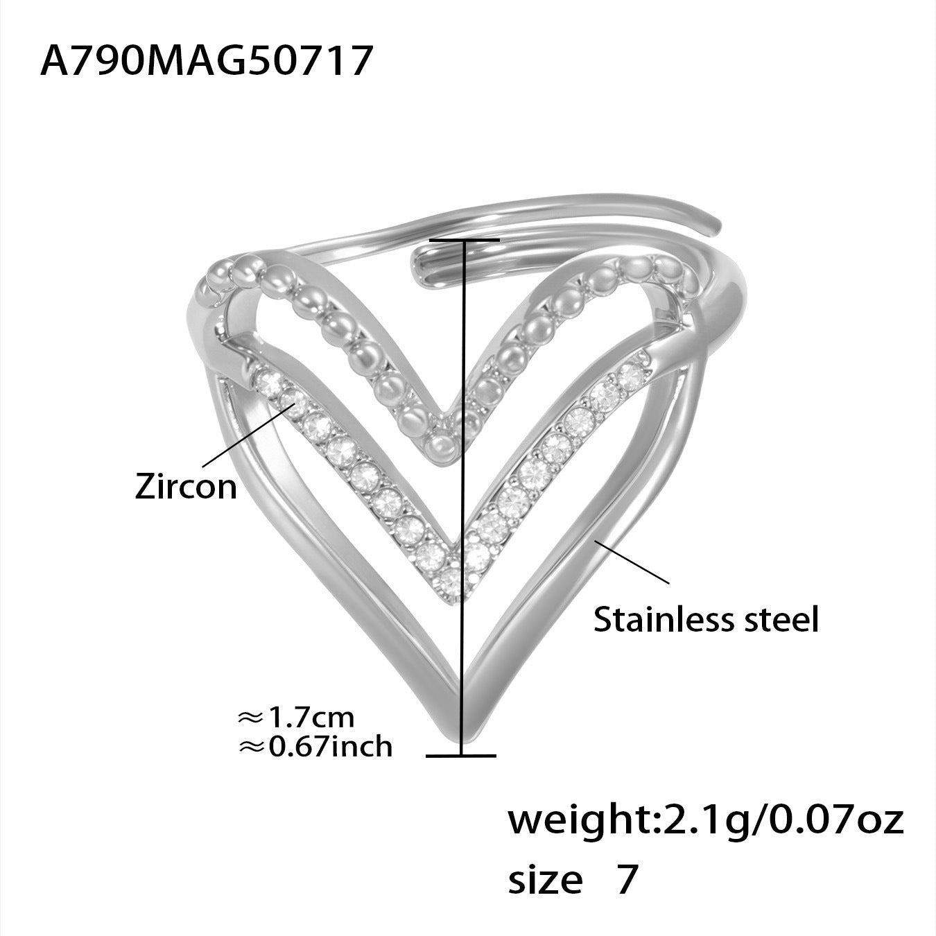 Andee Zircon Stacked Ring - Silver Hollow Heart Ring [M6R99AKL]