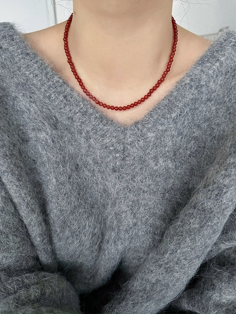 Aseel Red Agate Beaded Necklace - 4mm Ingot Buckle [KTBDFGLC]