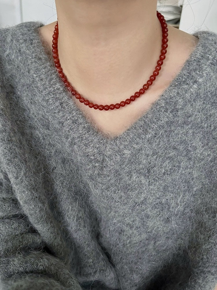 Aseel Red Agate Beaded Necklace - 6mm Ingot Buckle [T4KBMY9C]