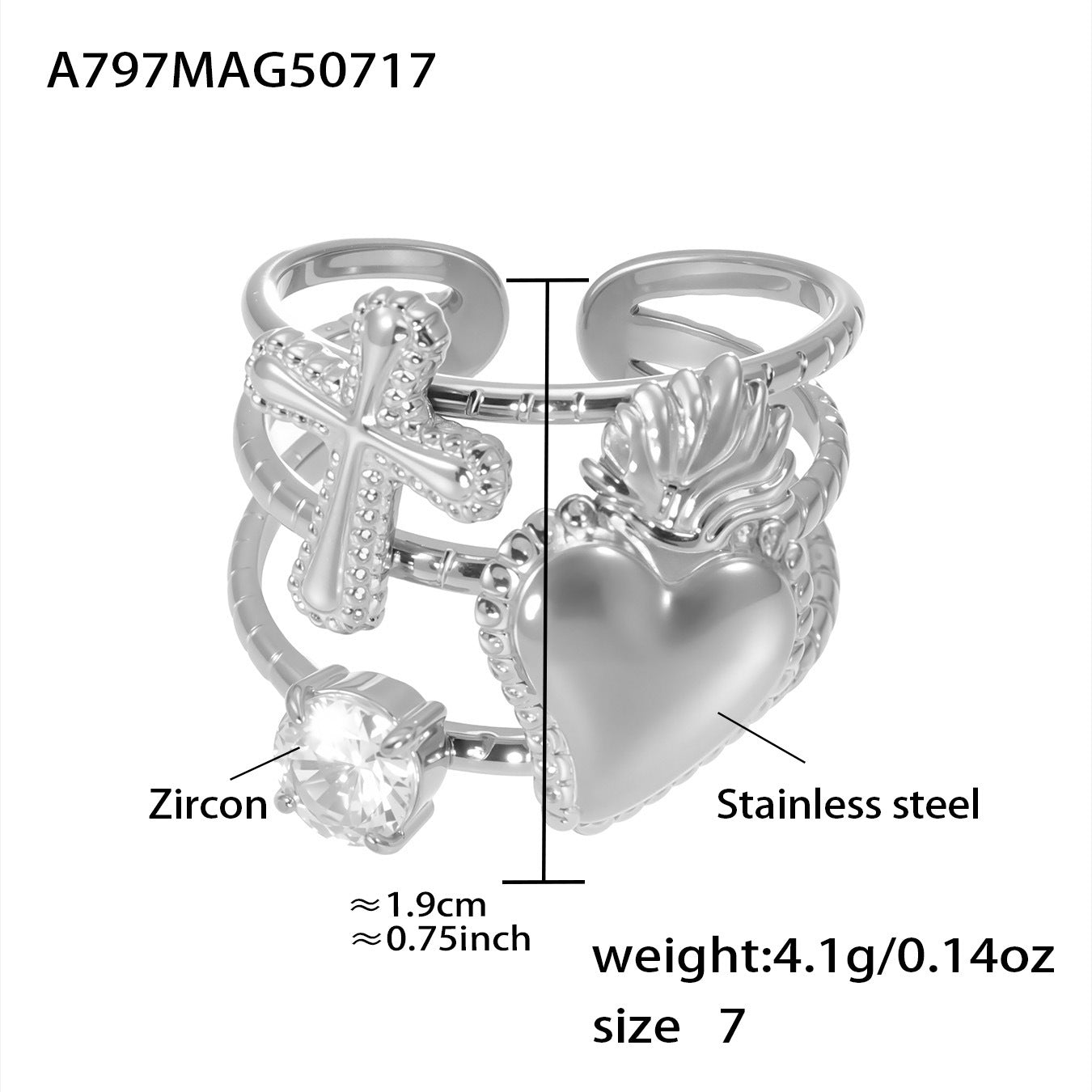 Andee Zircon Stacked Ring - Silver Solid Heart Ring [L7ZKXPZW]