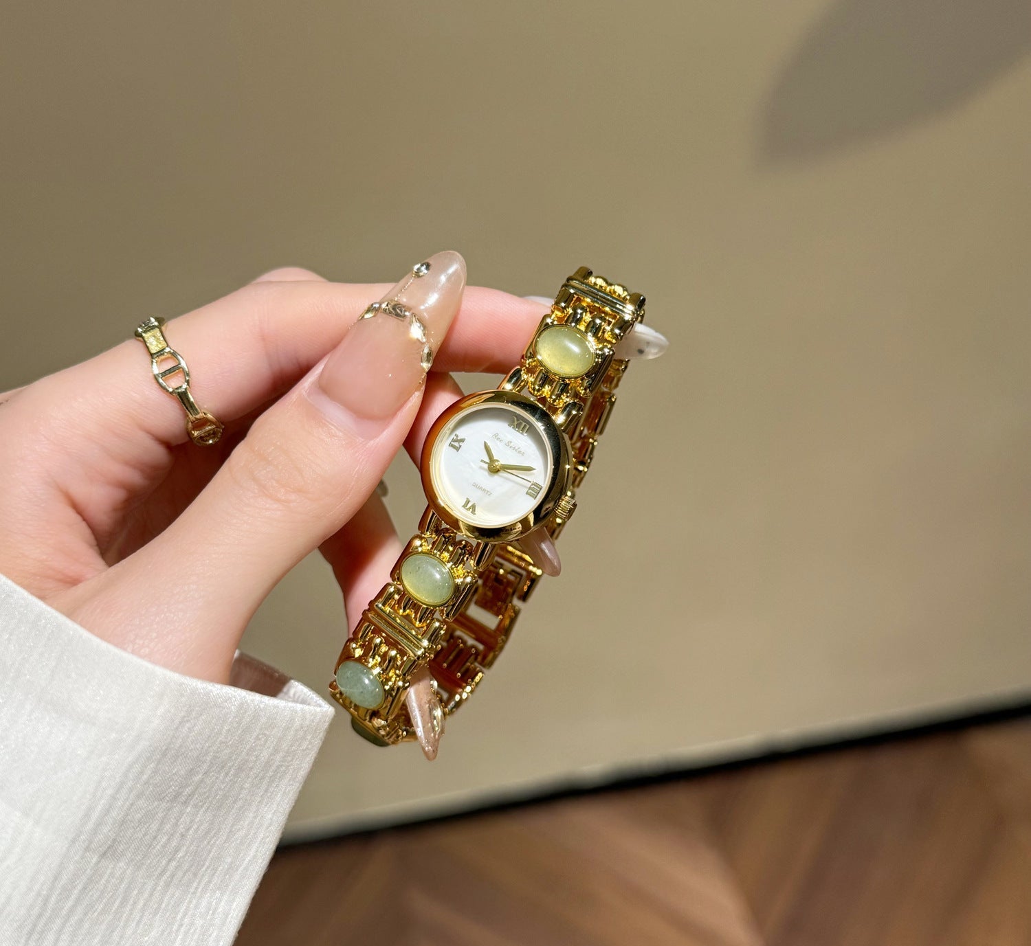 Rozlynn Bejeweled Bracelet Watch - Light Luxury Gold White (Green Stone Bracelet) [MCCH0YZS]