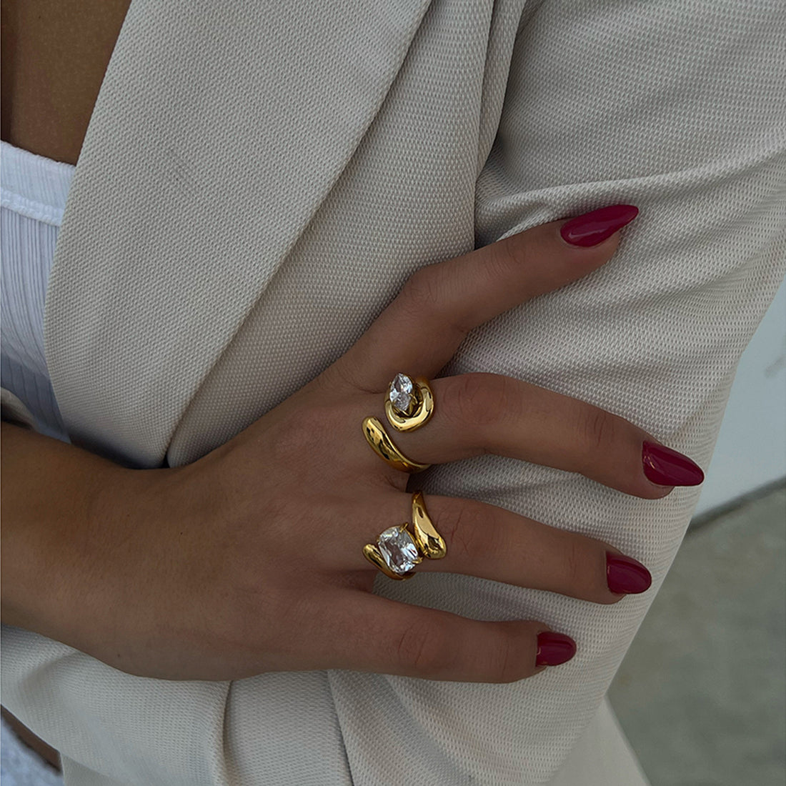 Gold Pleated Zircon Adjustable Ring