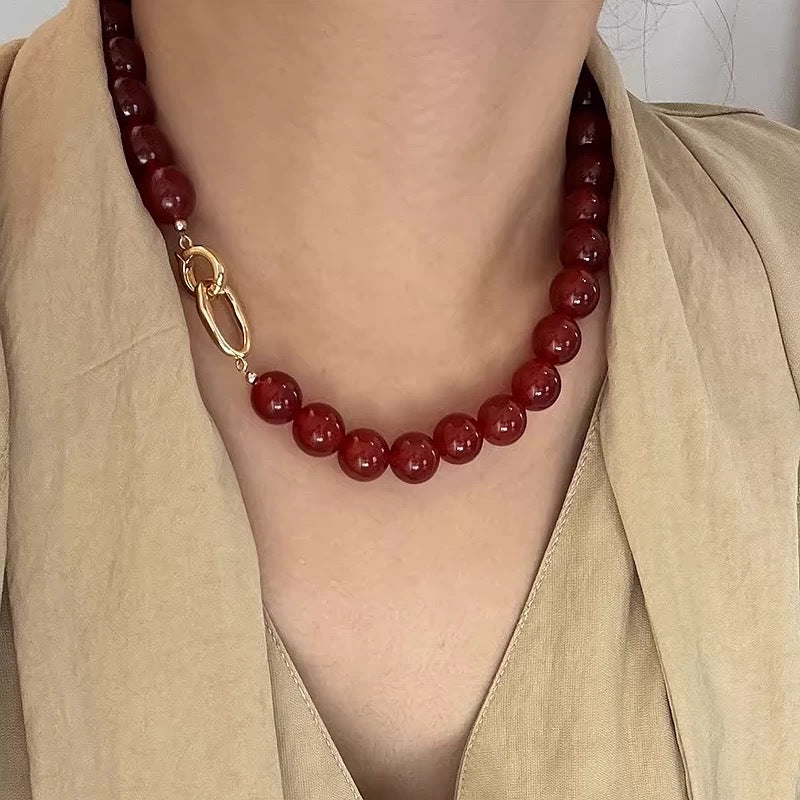 Aseel Red Agate Beaded Necklace - Double Loop Red Agate [4YJ4V3XJ]