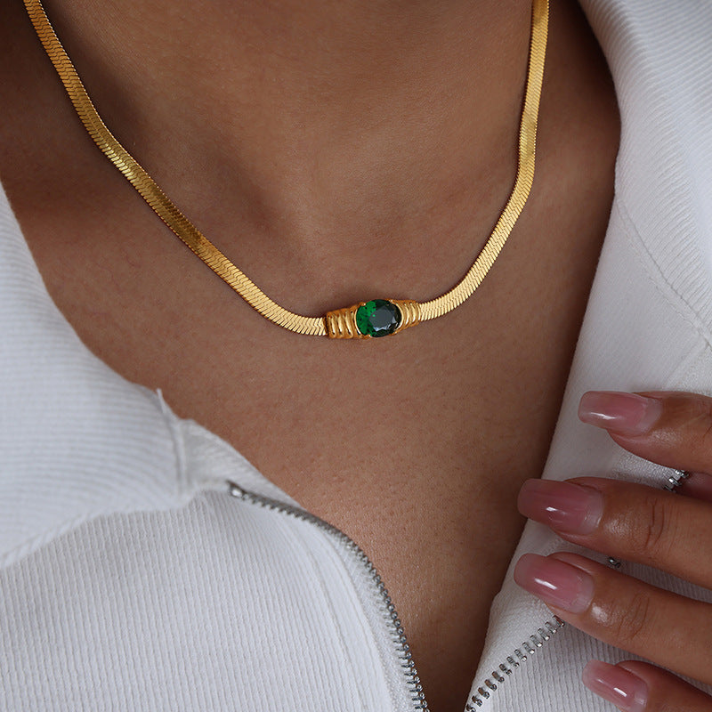 Esme Delicate Geometric Jewelry Set - Gold Green Glass Stone Necklace (41+5cm) [RWXNRTTI]