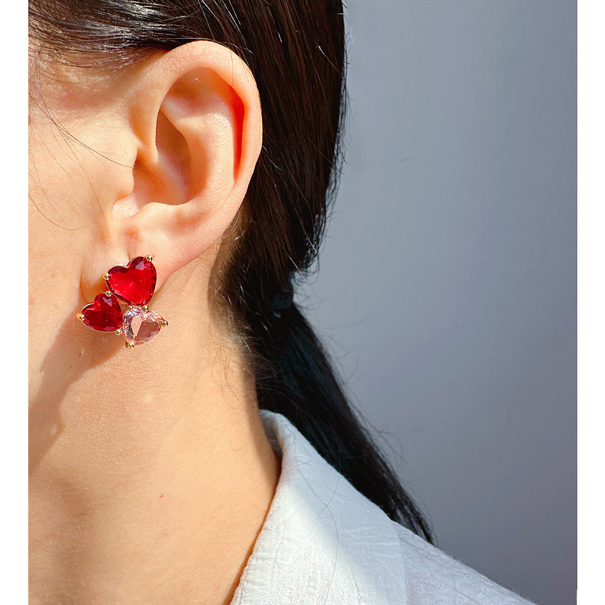Adah Zircon Heart Stud Earrings - Red Zircon [KH4LJBGK]