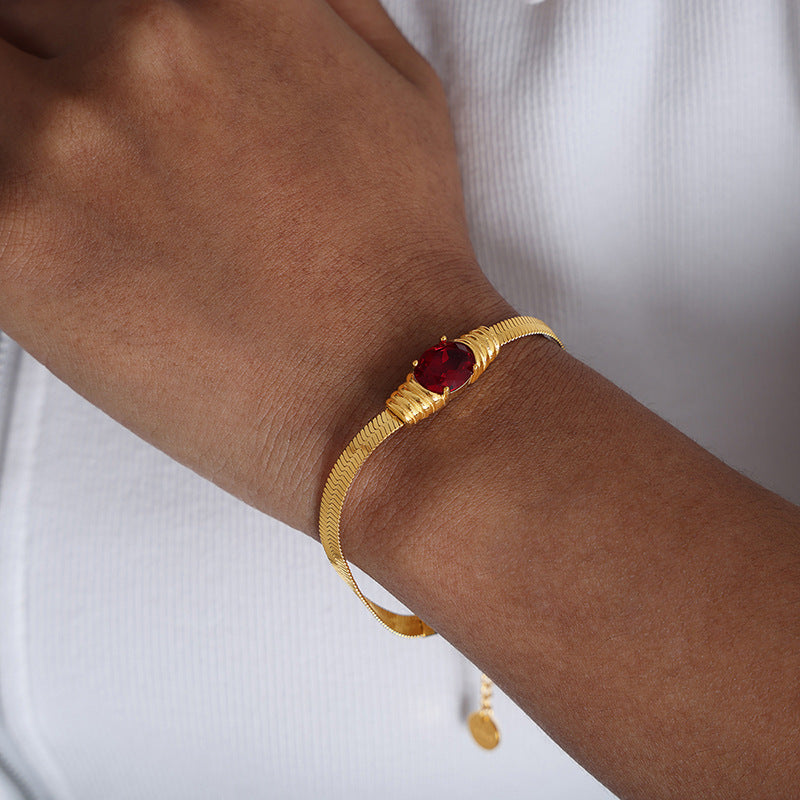 Esme Delicate Geometric Jewelry Set - Gold Red Glass Stone Bracelet (17+3cm) [B5P9J2OC]