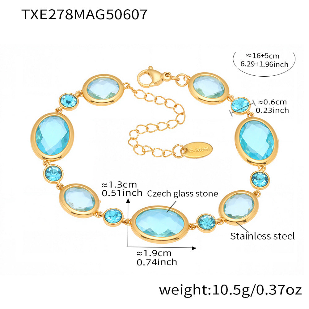 Aries Oval Cut Gemstone Bracelet - Gold Blue Glass Stone Bracelet 16+5cm [F93822M5]