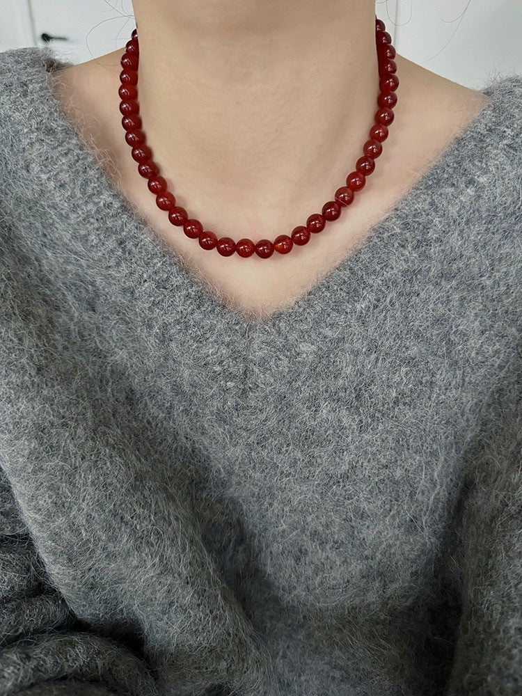 Aseel Red Agate Beaded Necklace - 8mm Ingot Buckle [CEWFWASF]