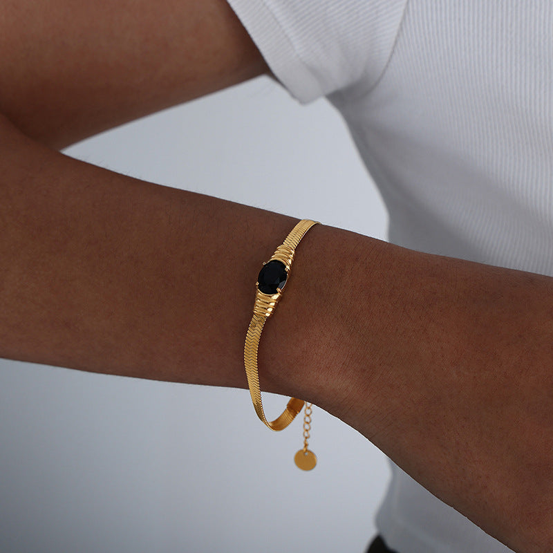 Esme Delicate Geometric Jewelry Set - Gold Black Glass Stone Bracelet (17+3cm) [3F3GSIH3]