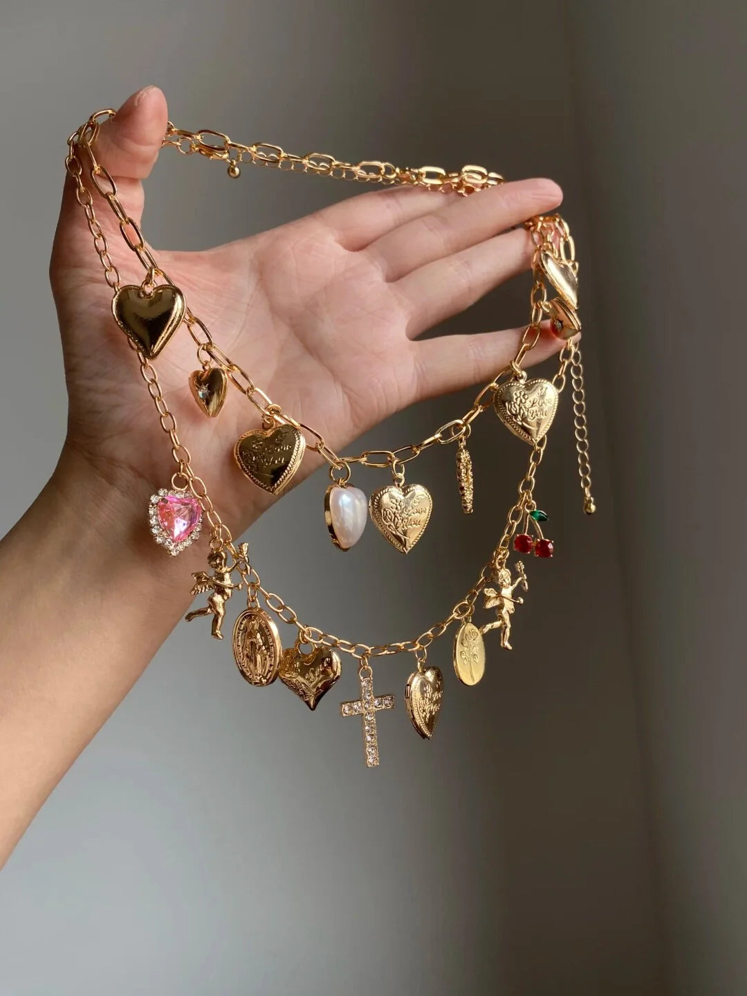 Rhinestone Heart Layered Necklace [SRKXAQKR]