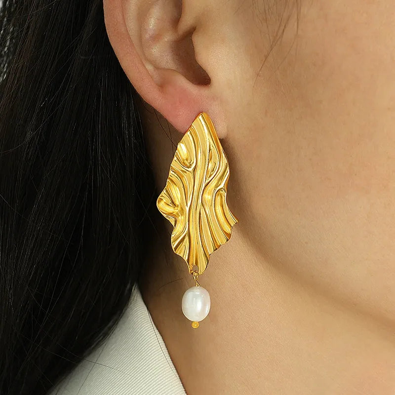 Kayle Gold Leaf Drop Earrings with Freshwater Pearl