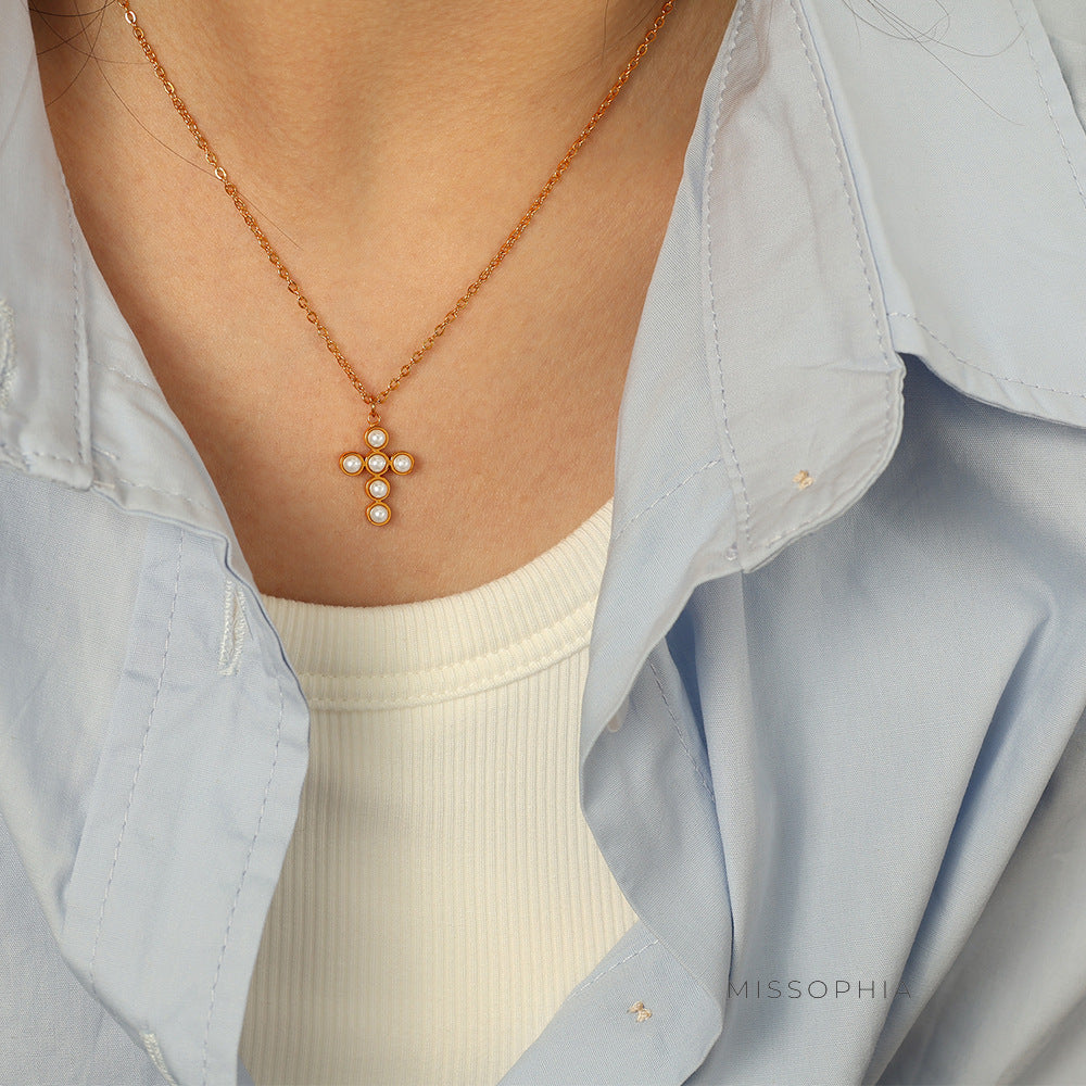 Adalaya Cross Pearl Necklace [D4D3IAPB]