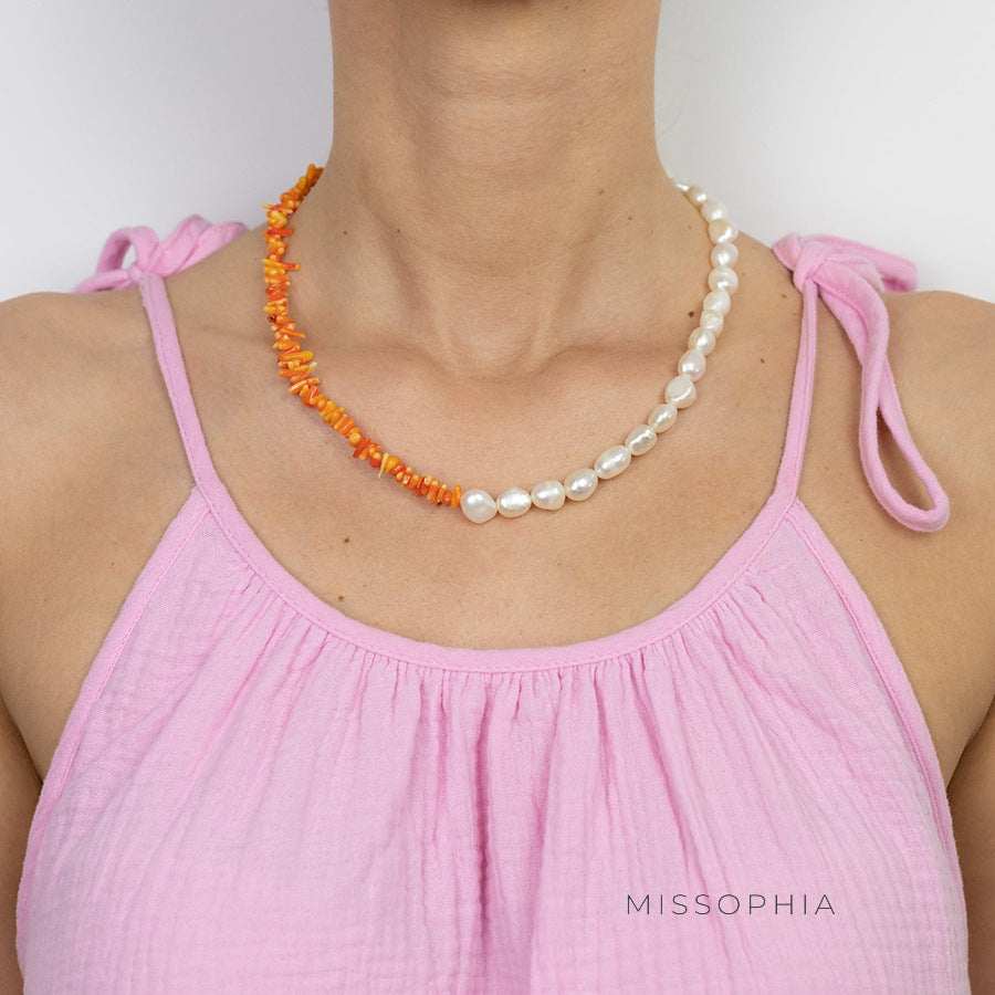 Freshwaterpearl & Irregular Coral Beaded Necklace