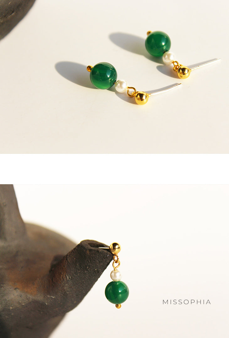 Ona Green Agate Pearl Earrings [24MSKVL4]
