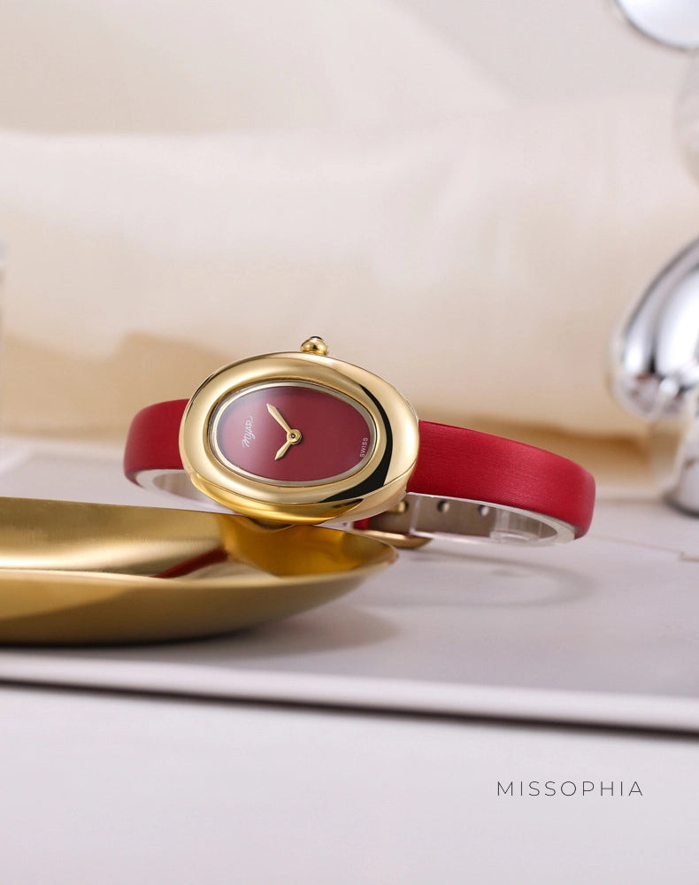 Oval Dial Leather Strap Watch [W3KBP99G]